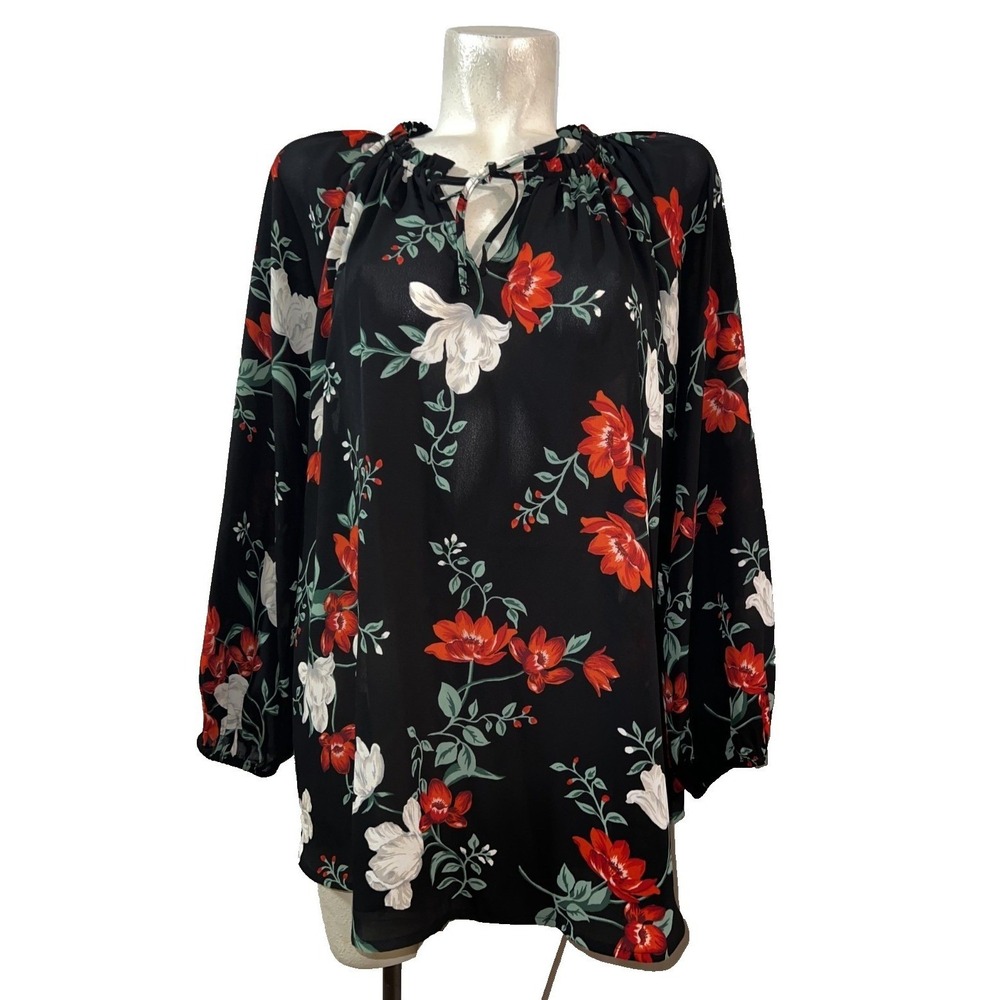 Old Navy Top Womens Size 2X Plus Black Floral Rayon Keyhole Peasant LS Blouse